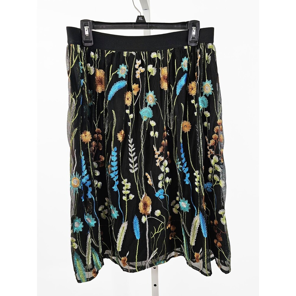 Susan Graver Black Mesh Skirt Size Medium Multi-colored Floral Embroidery